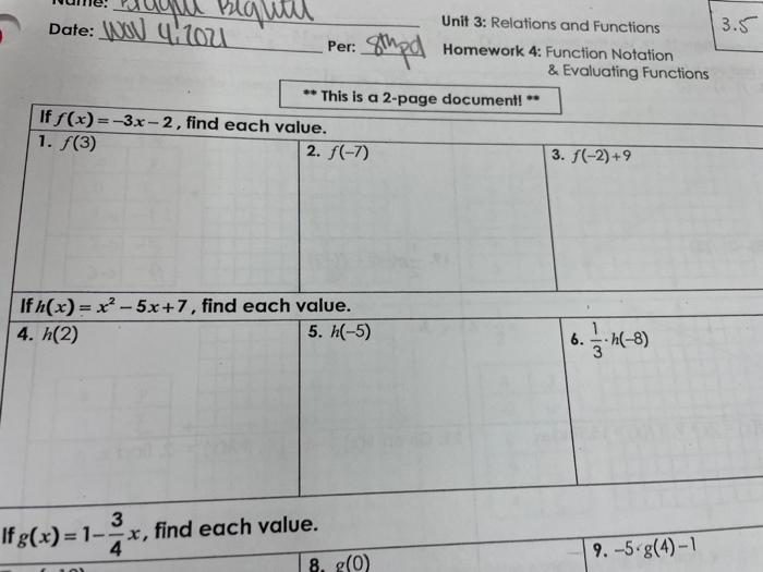 Unit 3 relations and functions homework 4 answer key